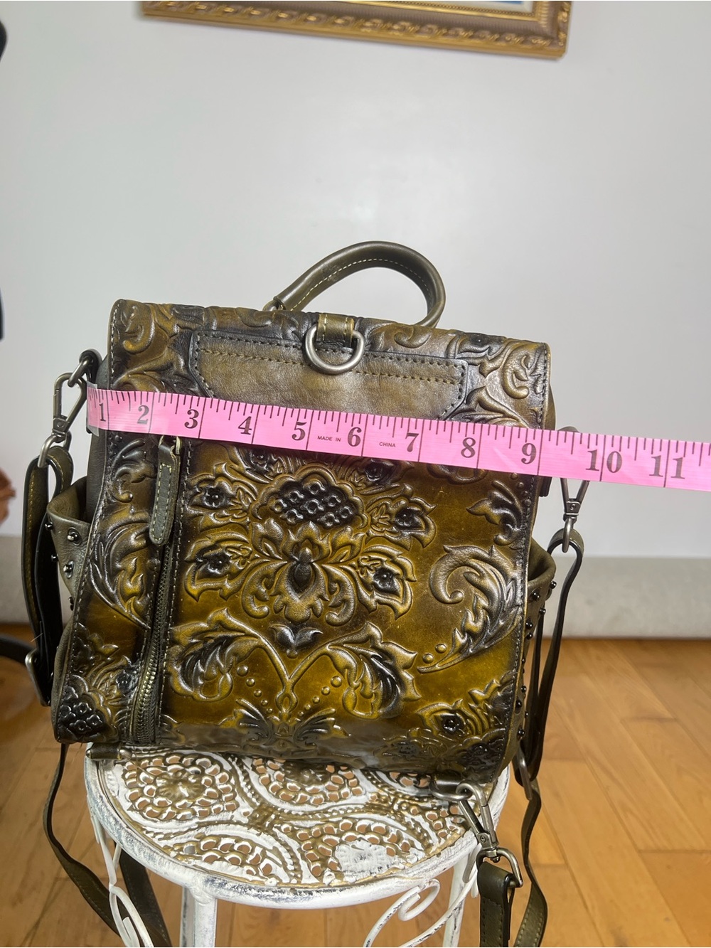Vintage Embossed Olive Green Leather Shoulder Bag - Picture 9 of 11